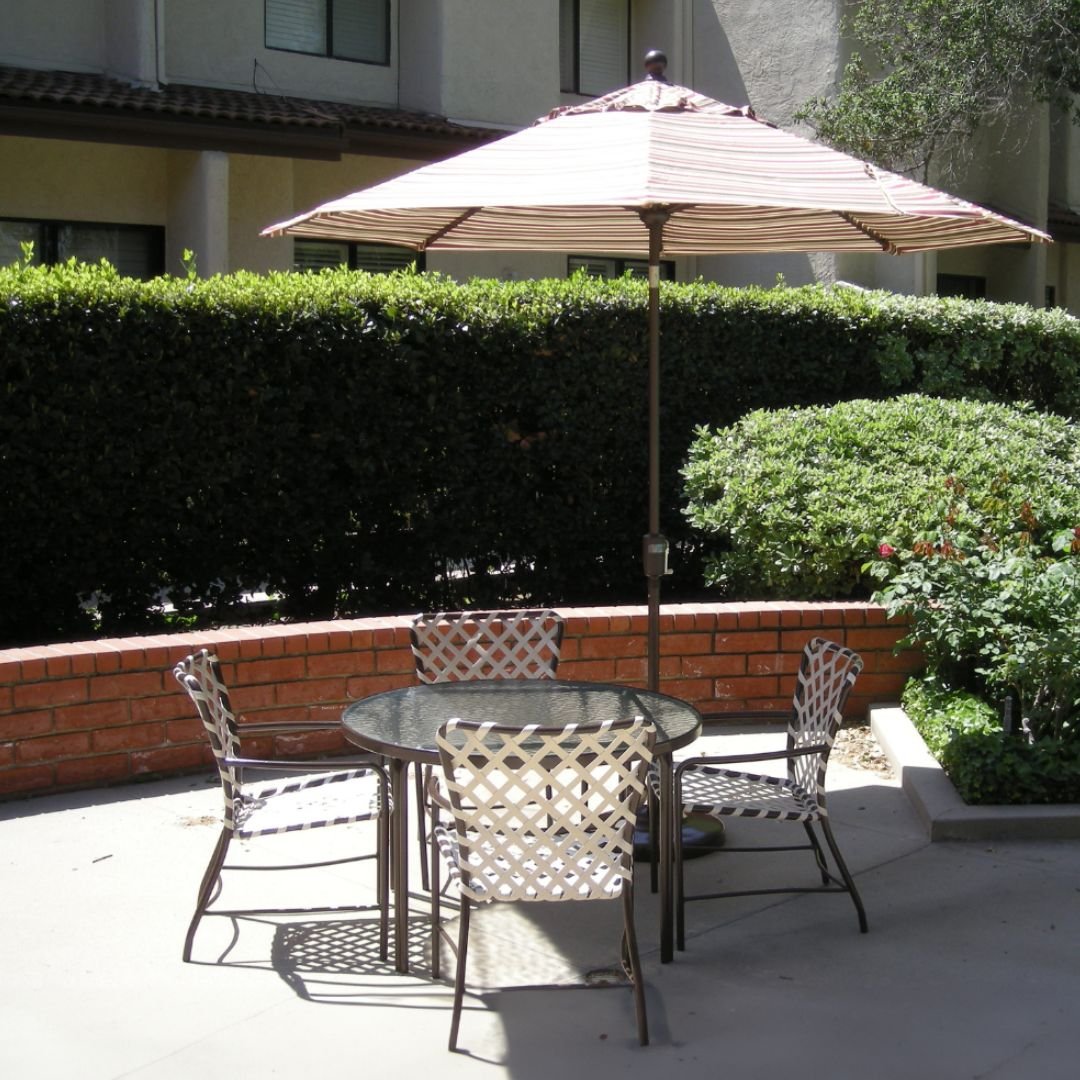 Tamiami Vinyl Strap Commercial Grade, Outdoor, Hotel Chairs and table patio set under New Treasure Garden Outdoor Umbrella