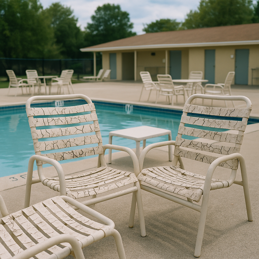 cracking vinyl strap patio furniture at community pool-1