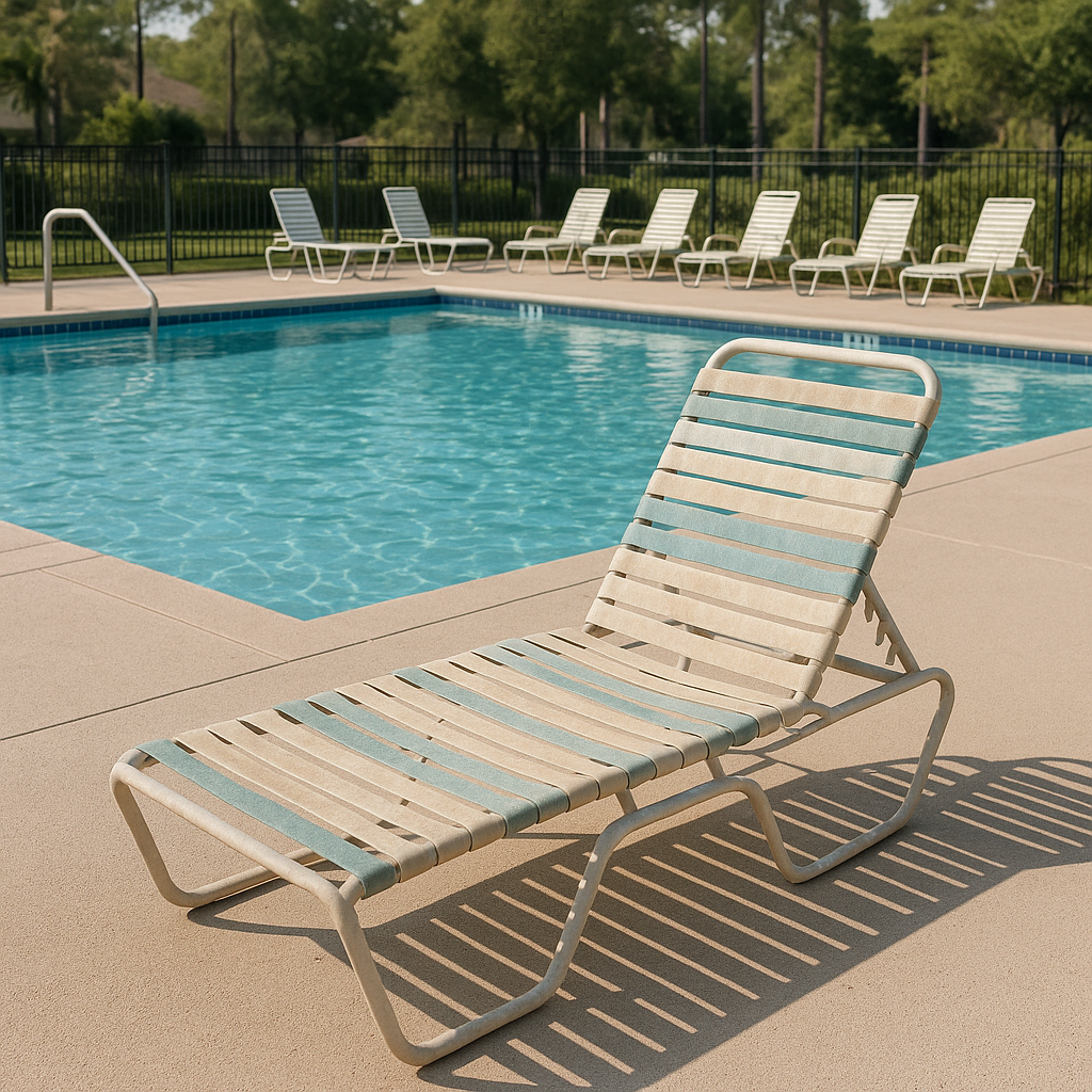 sun faded chase lounge strap patio furniture at community pool