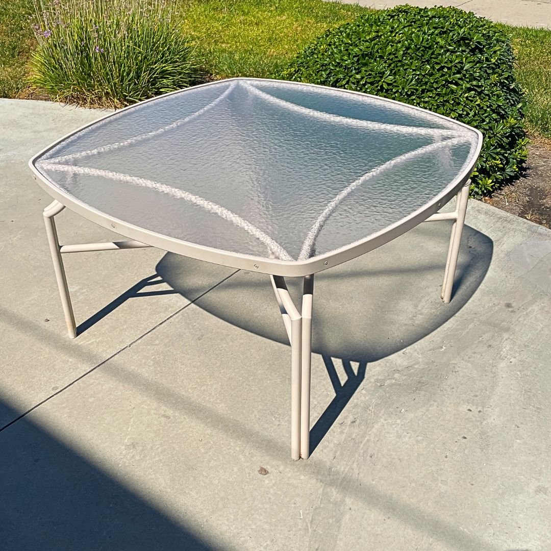 Unique Outdoor Acrylic Table Top Custom Cut and Replaced in Tan Patio Table