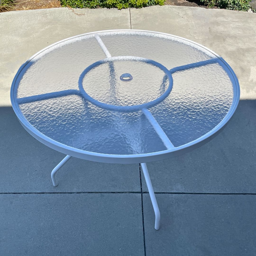 New Acrylic Table Top Replacement with Umbrella Hole in White Table by Patio Guys