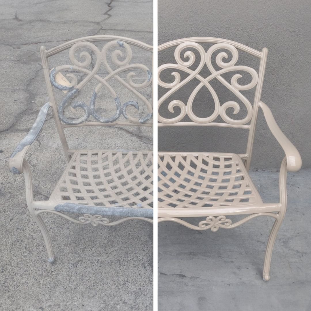 Before and After Split view of ornate, all-metal, vintage, outdoor bench restored by patio guys