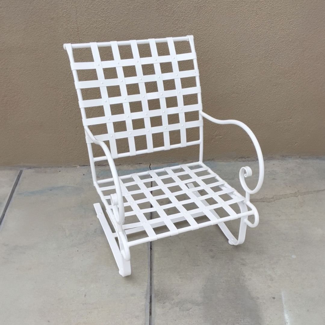 Vintage all-metal outdoor chair after restoration to white powdercoat by patio guys