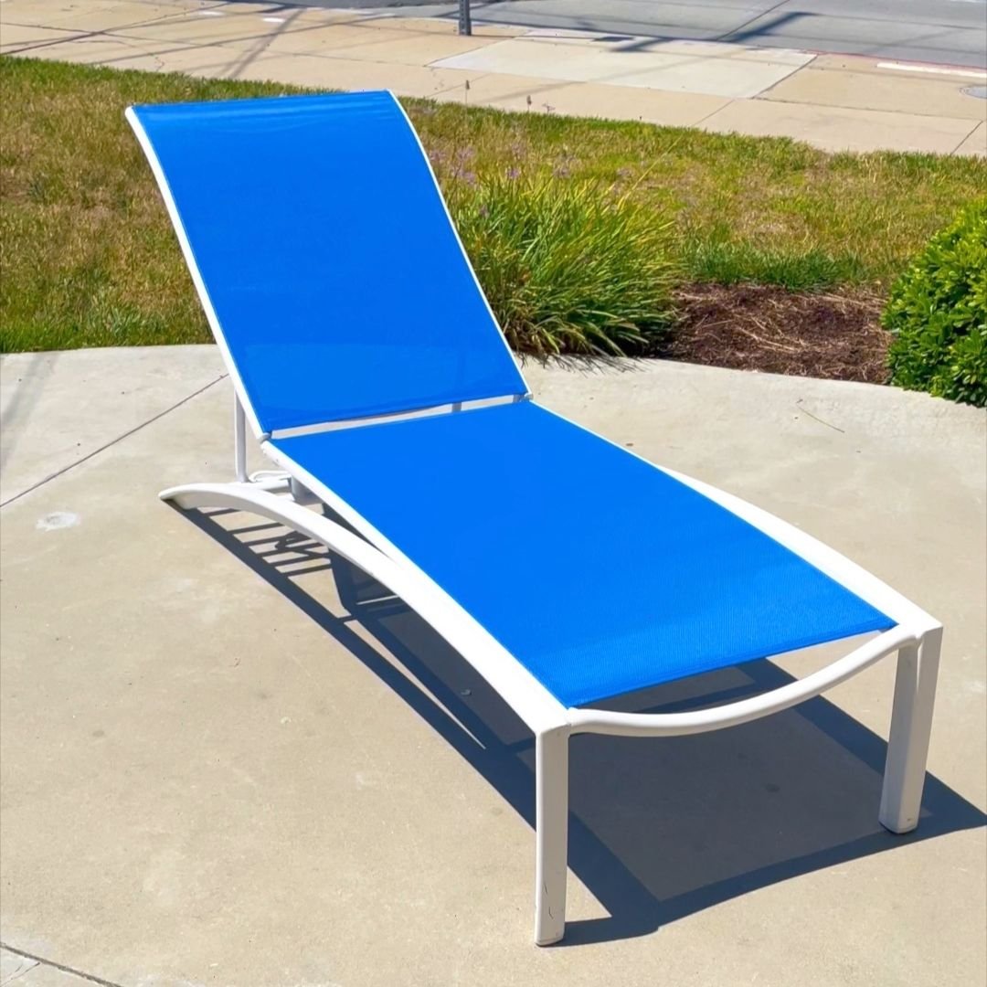 Newly Replaced Light Blue Commercial Grade Sling on White Pool Lounge Chair