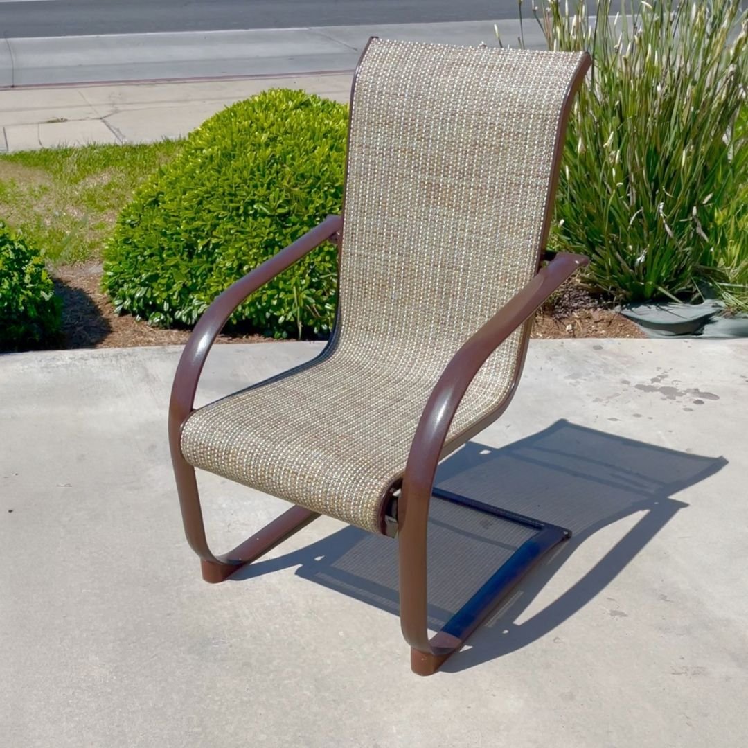 Brown Outdoor Chair with Tan Sling after Restoration and Repair by Patio Guys