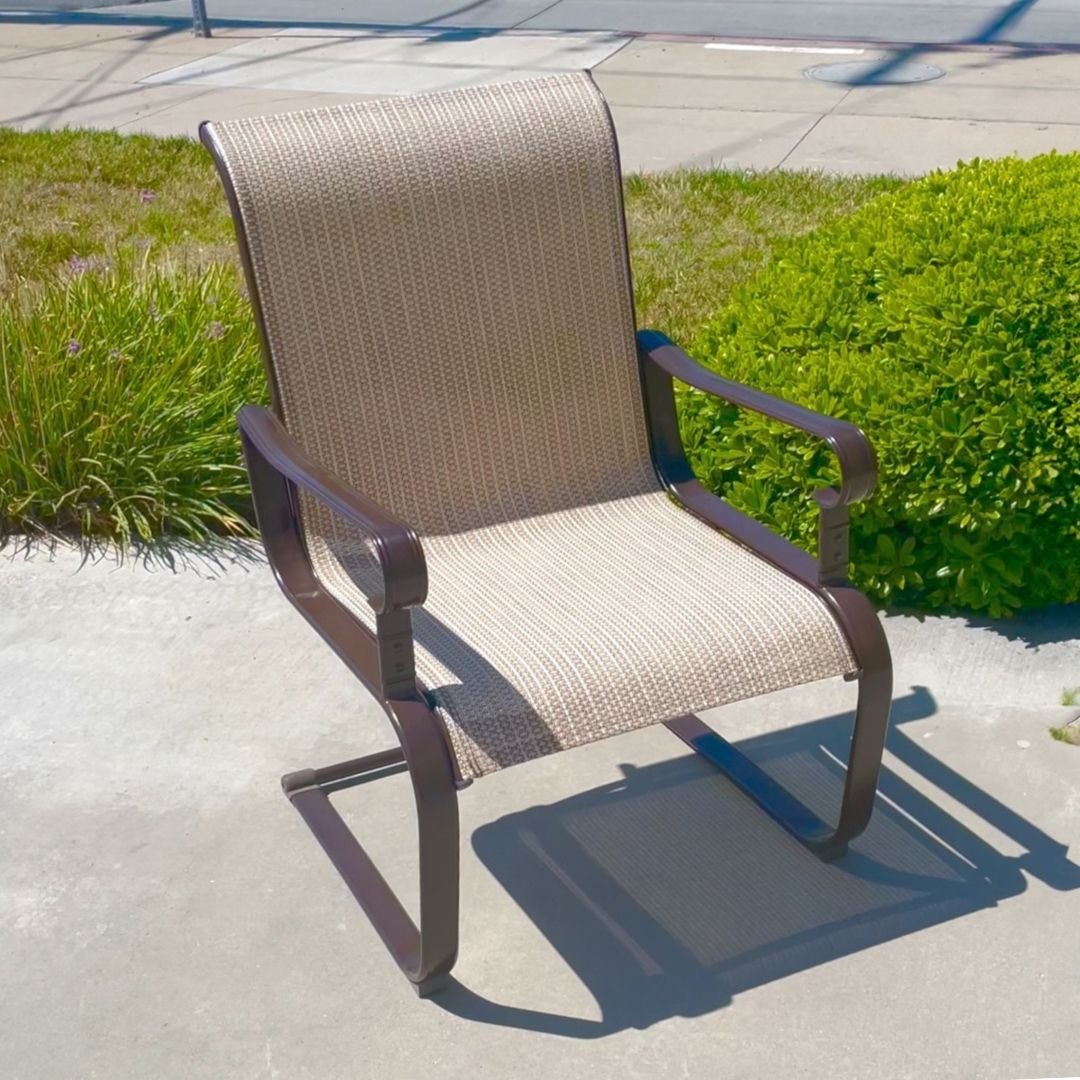 Refinished Brown Outdoor Patio Chair with Newly Installed Tan Outdoor Sling