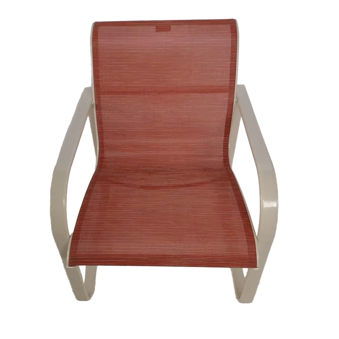 Newly Installed Red Outdoor Sling in Off-White Patio Chair