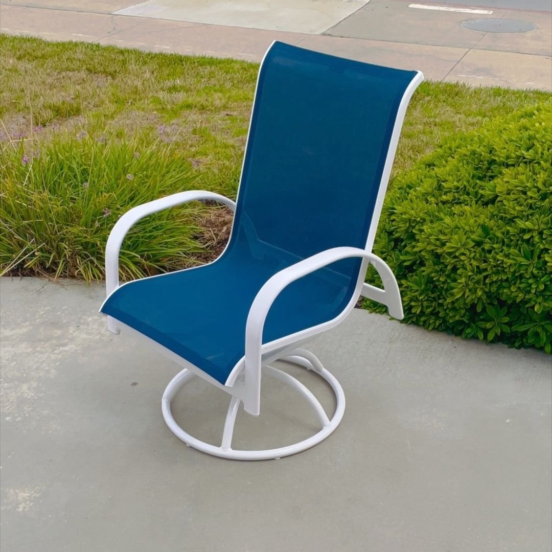 Navy Blue Sling on White Outdoor Swivel after full Restoration by Patio Guys