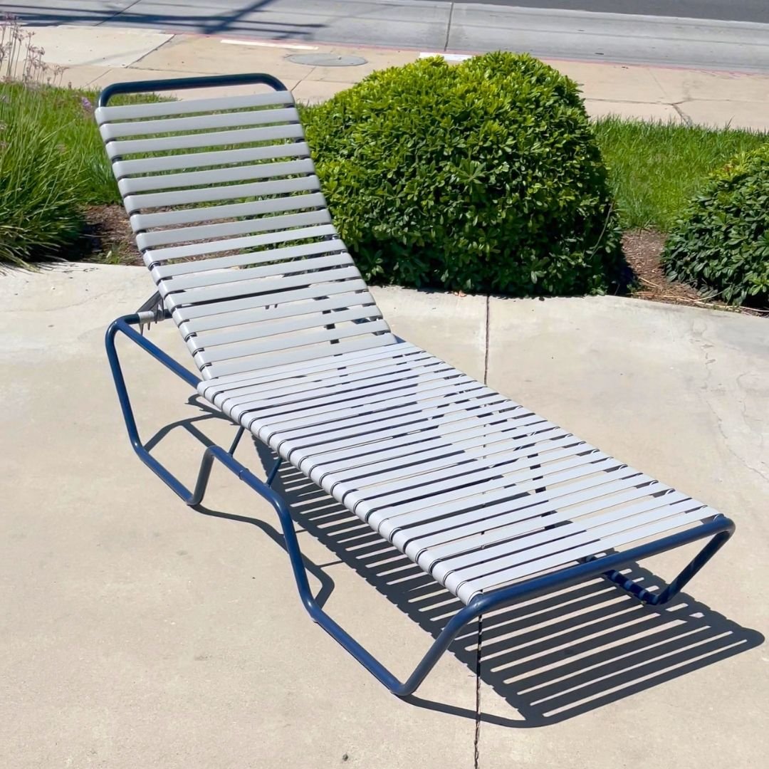 Navy Blue Vinyl Strap Pool Lounge after Restoration by Patio Guys