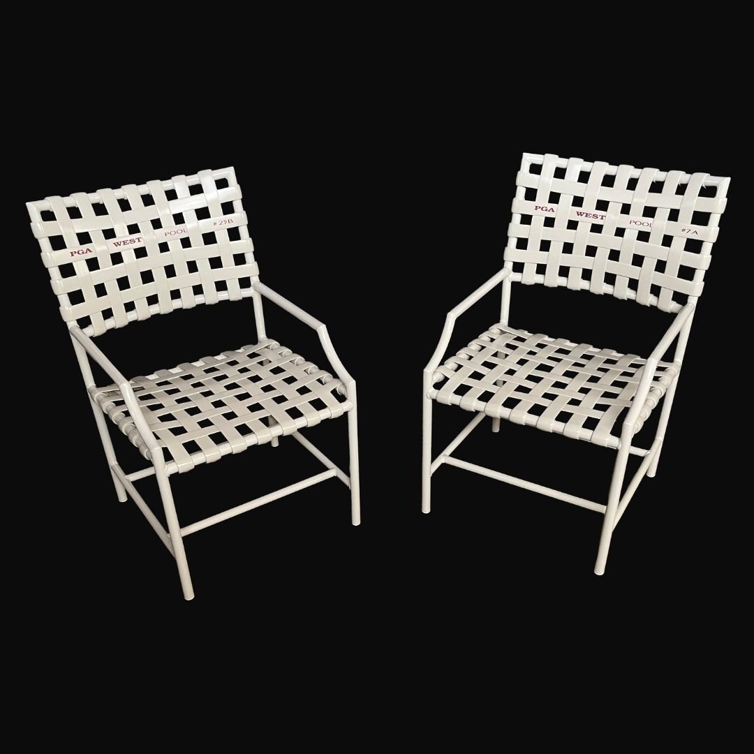 Custom Logo Vinyl Strap Chairs after restrap by patio guys - white