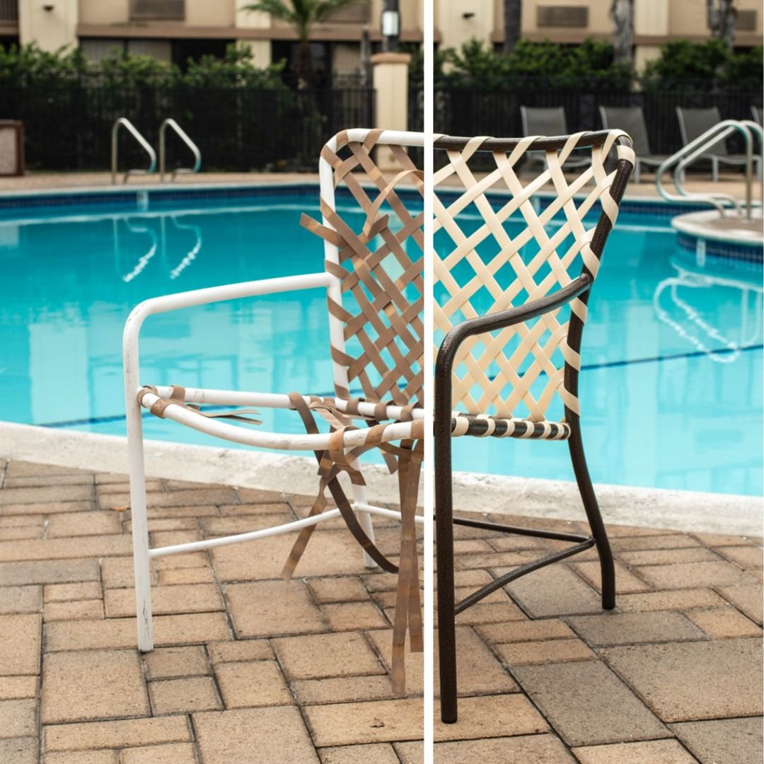 Split view, before & after photo of brown jorday tamiami chair going from white with torn strap to back with new vinyl strap at Hoa Pool - patio guys