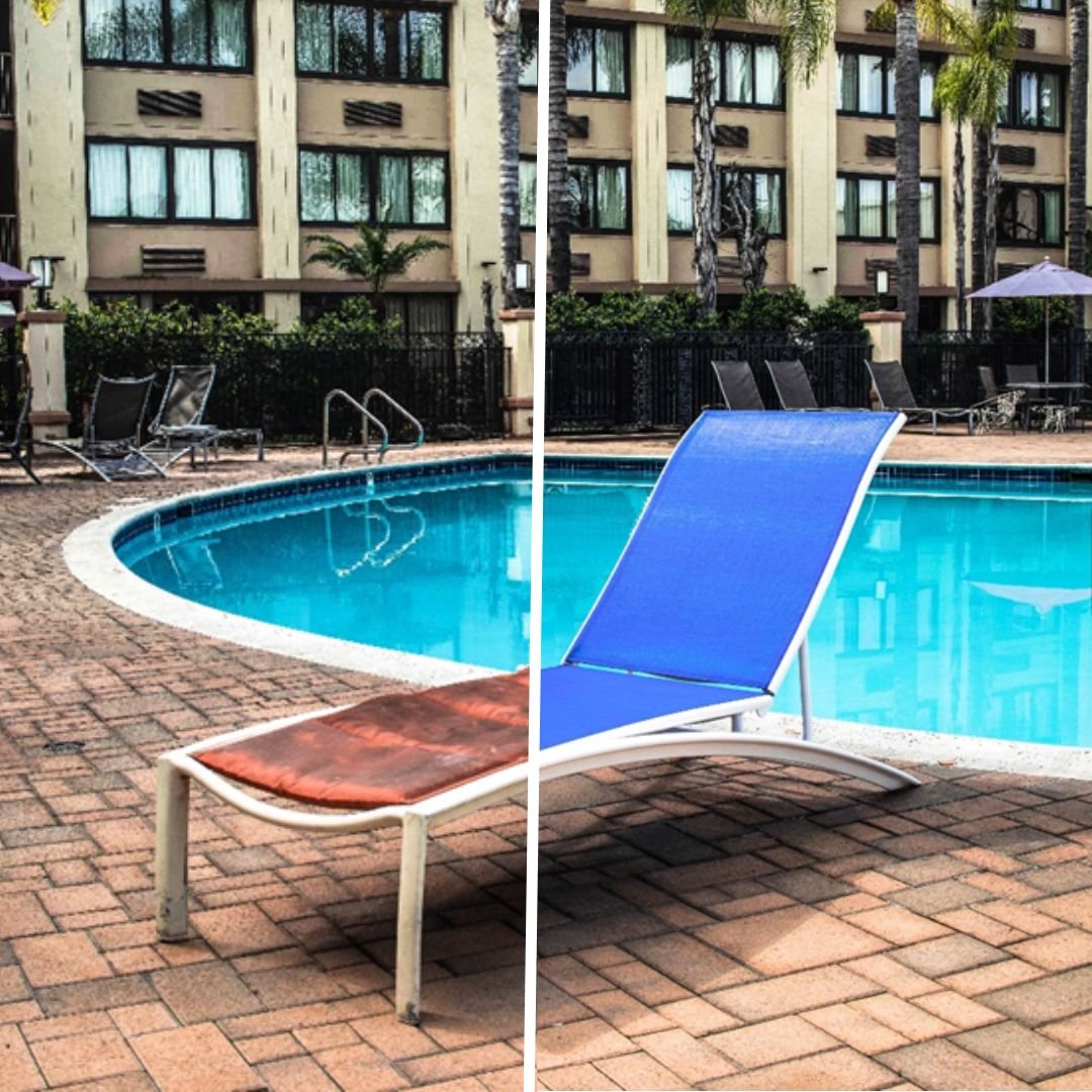 Before & After Split View of commercial Sling outdoor Chaise Lounge at renaisance hotel after restoration by patio guys