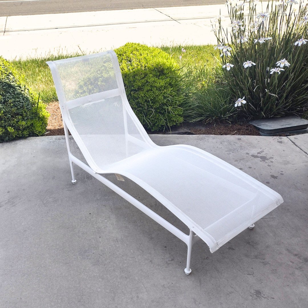 Unique White Wave style chaise with newly replaced white sling by patio guys outdoor furniture refinishers