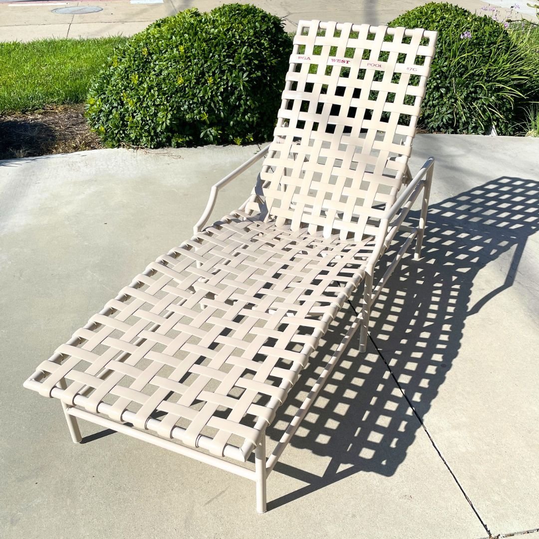Custom Logo Vinyl Restrap for PGA West by Patio Guys for white outdoor commercial pool chaise lounge