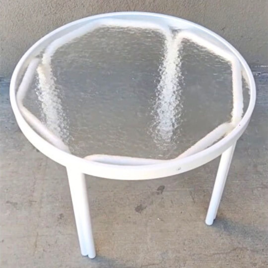 custom cut, shiny, new, acrylic table top in newly repainted, round, white, outdoor, side table - patio guys