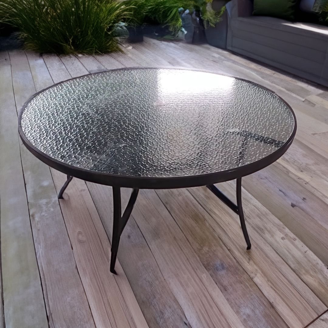 shiny new custom cut acrylic outdoor table top replaced in newly repainted brown patio table - Patio Guys