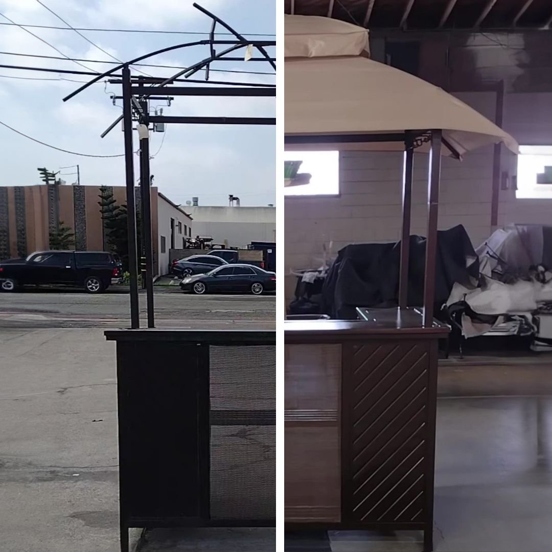 Before and after split view photo showing an outdoor bar going from worn to a freshly painted through patio guys furniture powder coating process