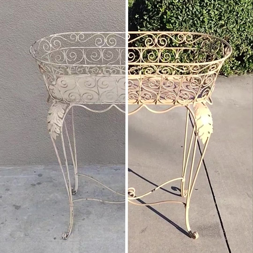 Ornate Vintage metal basket before and after split view from rusty to powder coat painted yellow - Patio Guys