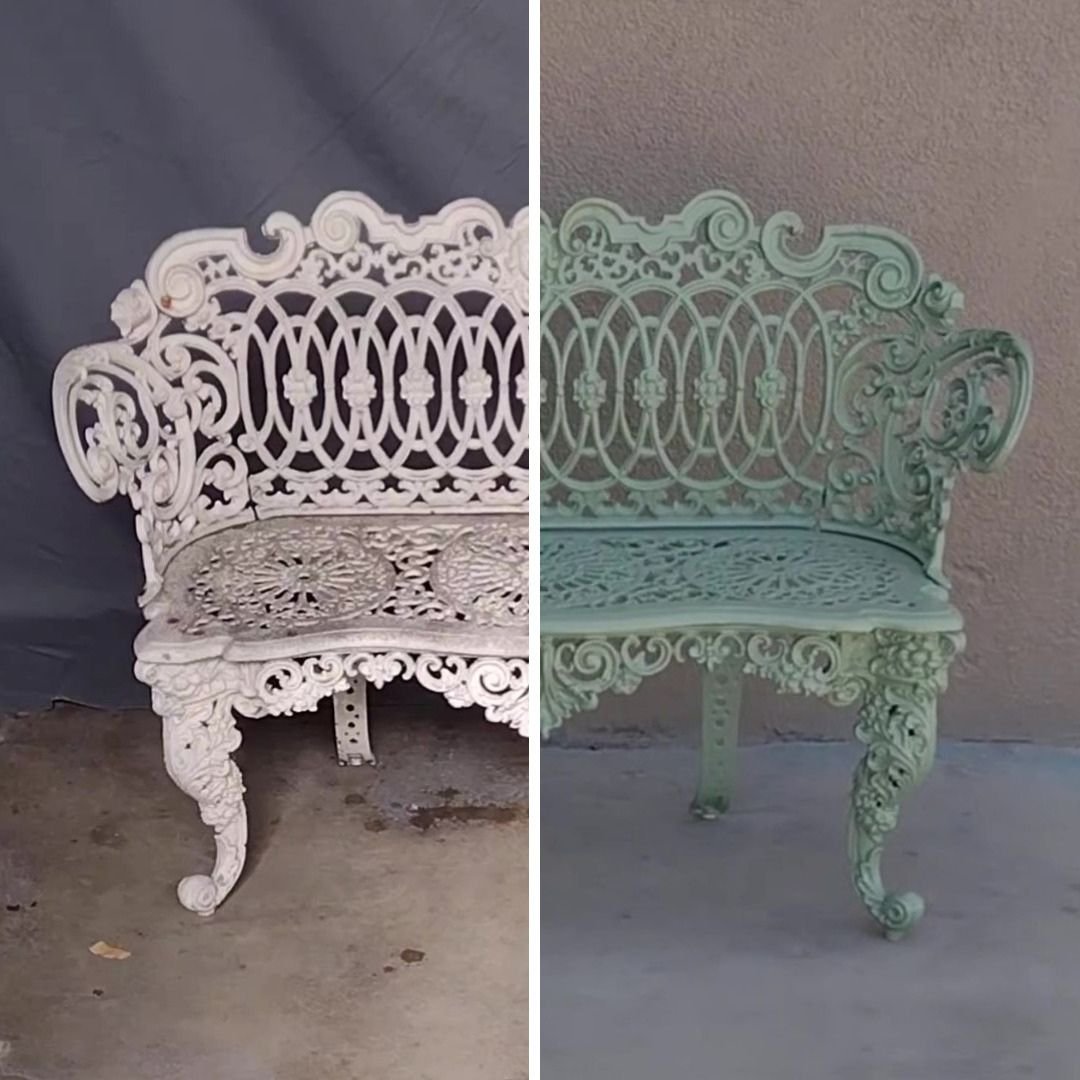 Before and after split view photo showing an ornate, vintage, outdoor bench going from worn to light green through patio guys powder coating
