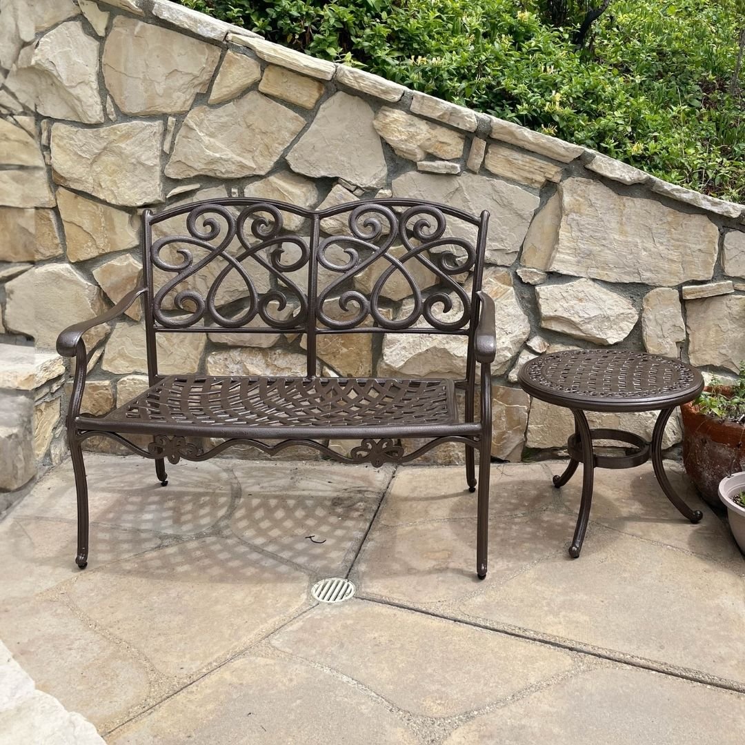 ornate, vintage, newly powder coated brown outdoor patio bench and side table