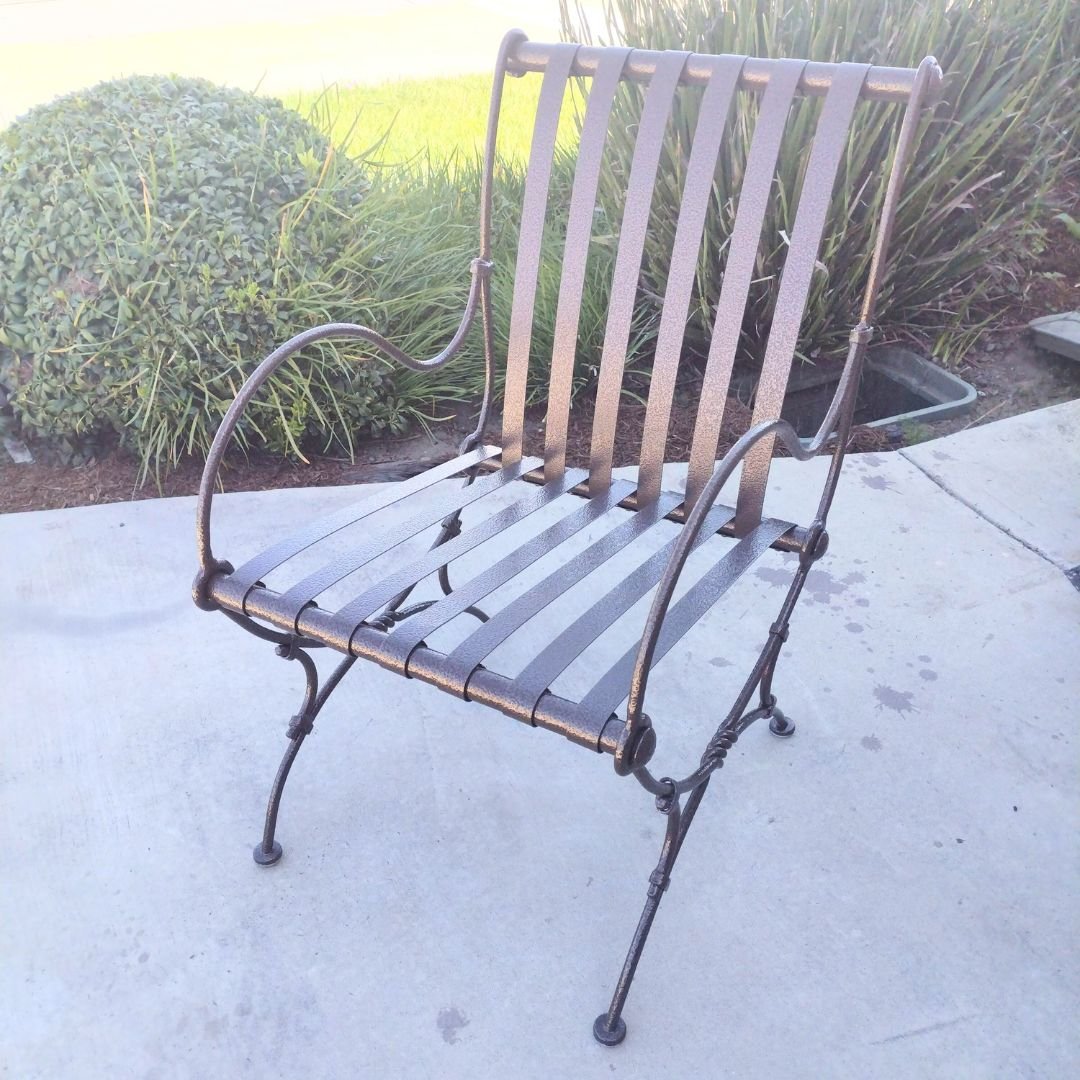 Vintage, Outdoor, All-Metal Chair Newly Restored to bronze powder coat paint by patio guys