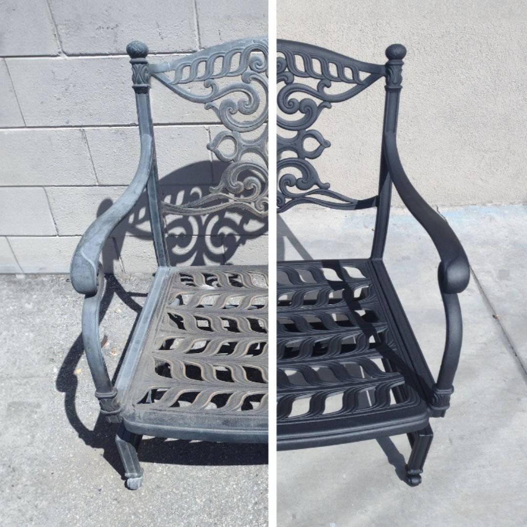 before and after split view of vintage, Large, black, all-metal, ornate outdoor patio chair before and after getting a powder coat refinish at patio guys