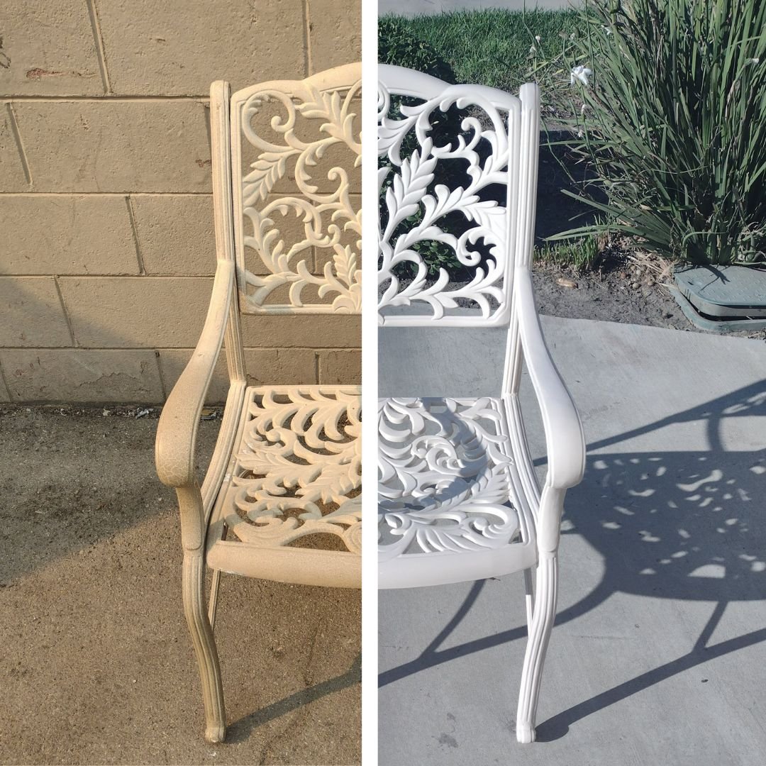 Before and after split view photograph showing vintage, all metal, outdoor chair going from worn to bright white through patio guys powder coating