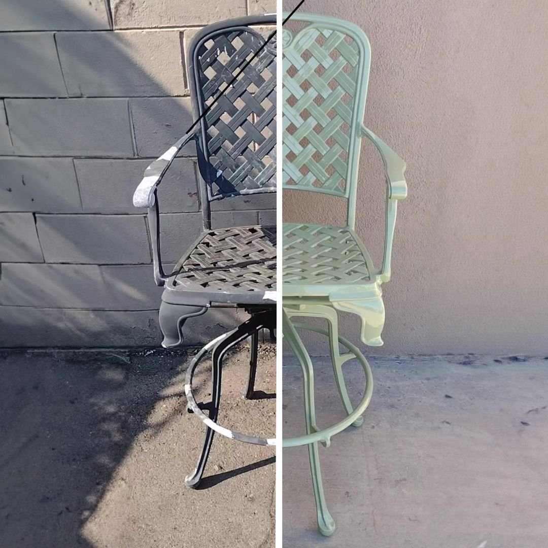 Before and after split view photo showing vintage,  outdoor, swivel, high- top chair going from worn to bright green through patio guys powder coating