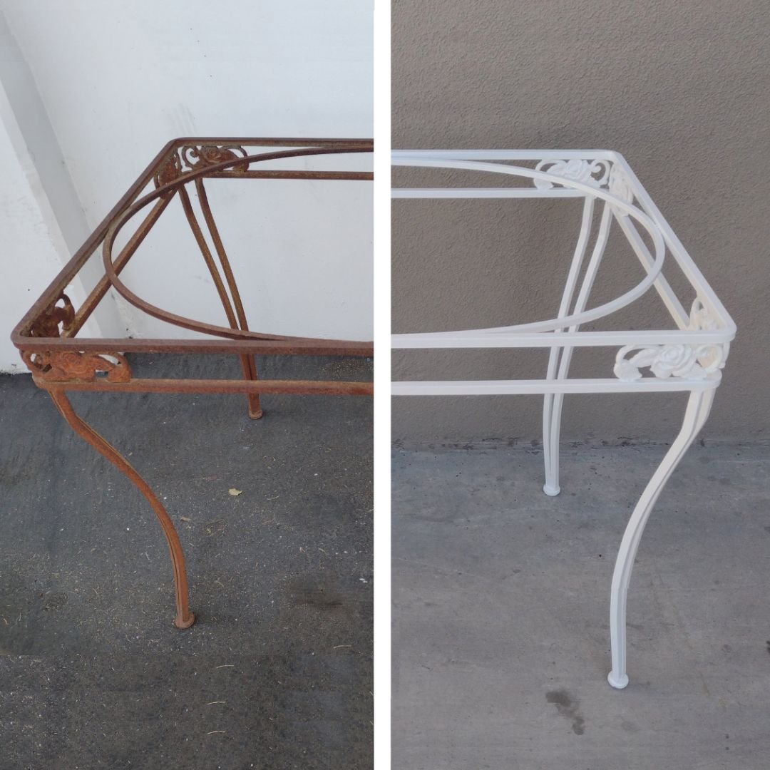 Before and after split view photo showing a vintage, all metal, outdoor table going from rusted to bright white through patio guys' furniture repaint