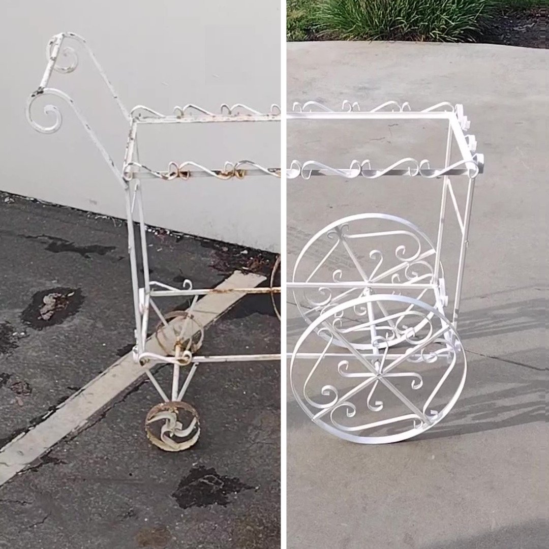 Before and after split view photograph showing vintage, outdoor teacart going from worn to bright white through patio guys powder coating