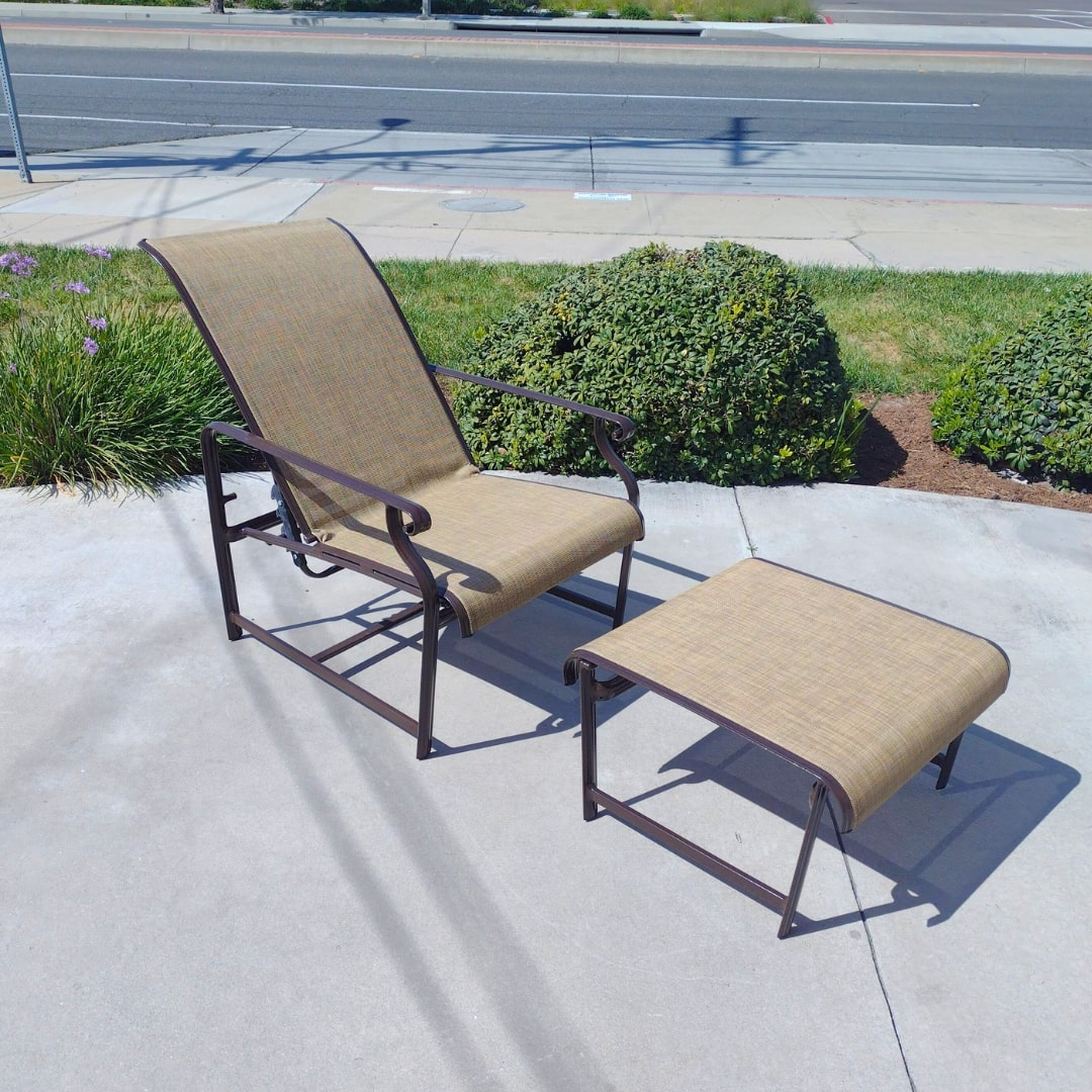 Brown chair and Ottoman set with new custom cut tan sling after restoration by  patio guys outdoor furniture refinishers