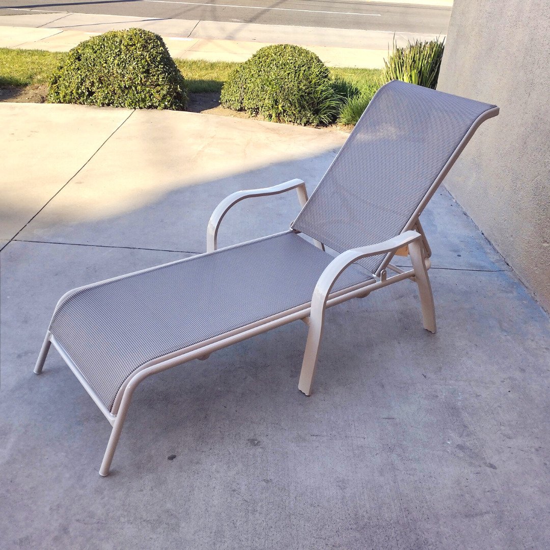 sand colored chaise lounge with tan sling after full restoration by patio guys outdoor furniture refinishers