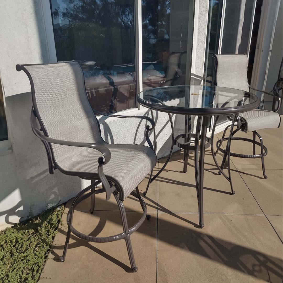 Luxury High Top Swivel Chairs Restored with New Outdoor Sling by Patio Guys