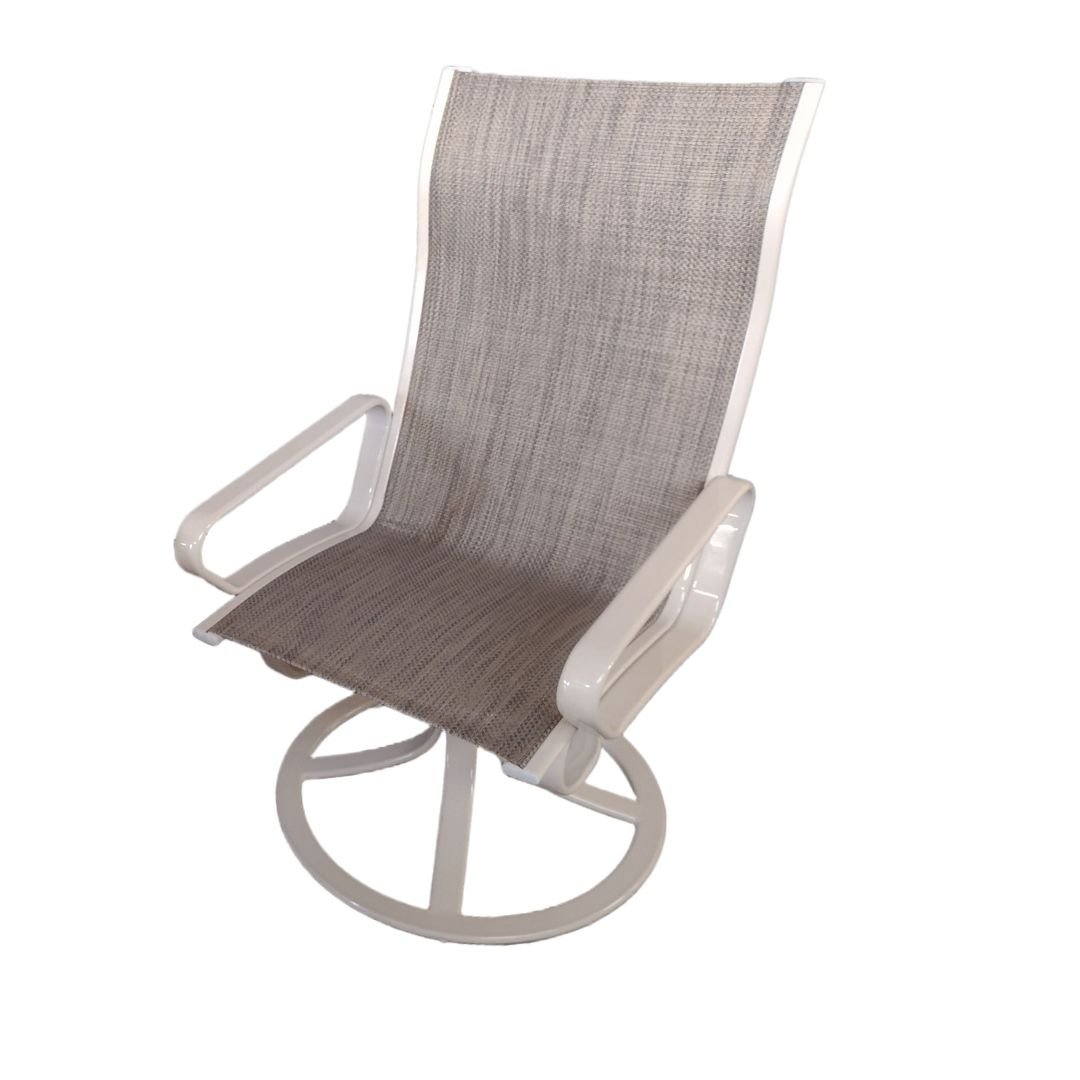 bone Sling outdoor Swivel Chair with grey canvas after Restoration by patio guys