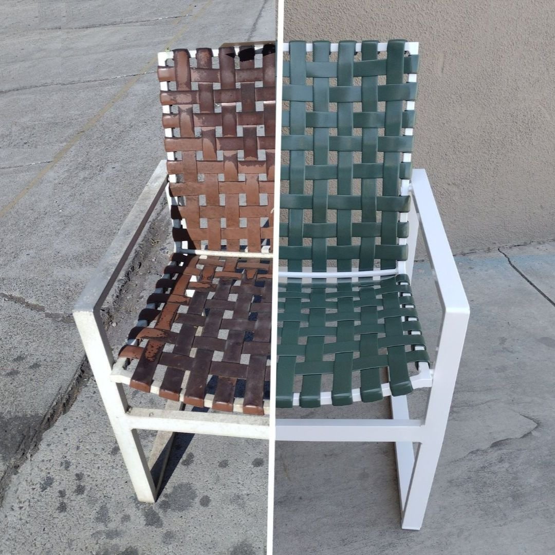 Before and After split view of vinyl strap chair. Before shows worn brown strap. After shows green strap and new white paint - Patio Guys