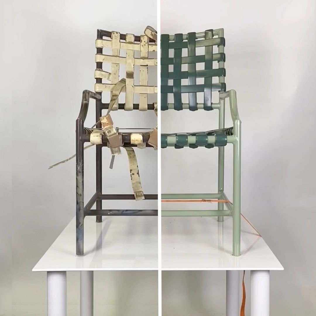 Before and After split view of vinyl strap chair. Before shows loose strap and worn brown paint. After shows green strap and green paint - Patio Guys