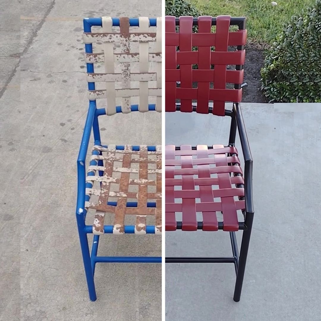 Before and After split view of vinyl strap outdoor chair. Before view shows worn blue and white chair. After shows red and black chair - patio Guys