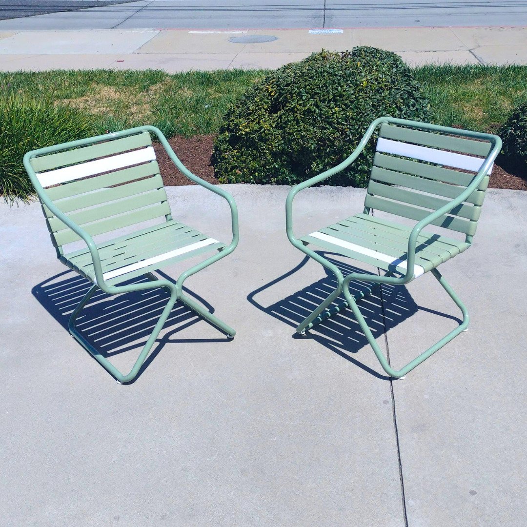 Unique vintage green director-style outdoor chairs with new furniture paint, green vinyl strapping, and two white accent straps - Patio Guys