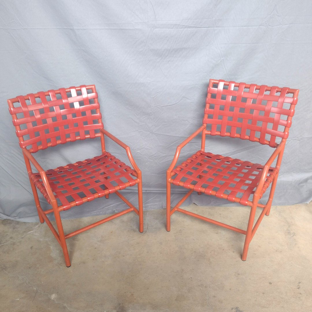 red Monochrome patio chairs with red katana vinyl strap freshly restored by patio guys outdoor furniture refinishers.