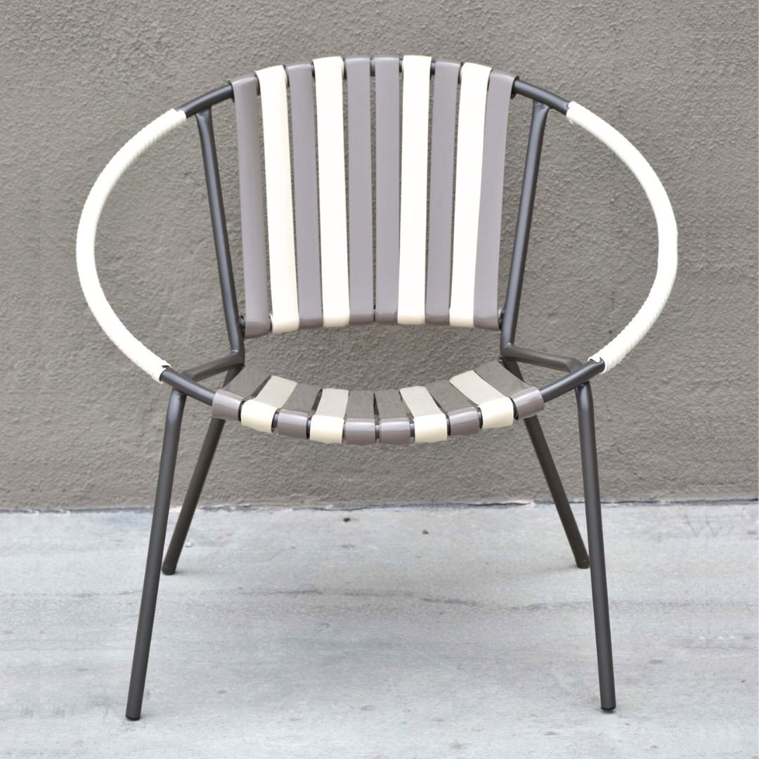 Unique circular back vintage black patio chair restrapped  with vertical kantina brown and white strapping by patio guys