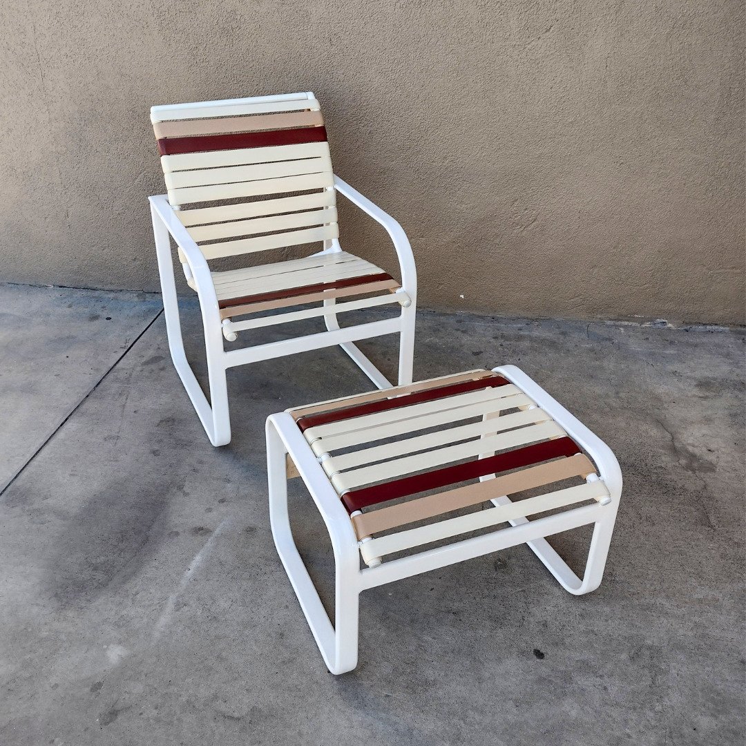 Newly repainted white outdoor chair restrapped with off-white katana vinyl strap as well as red and salmon accent straps by patio guys