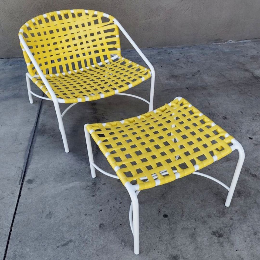 Brown Jordan classic low sitting chair and ottoman freshly repainted and restrapped with white paint and yellow vinyl strap by patio guys.