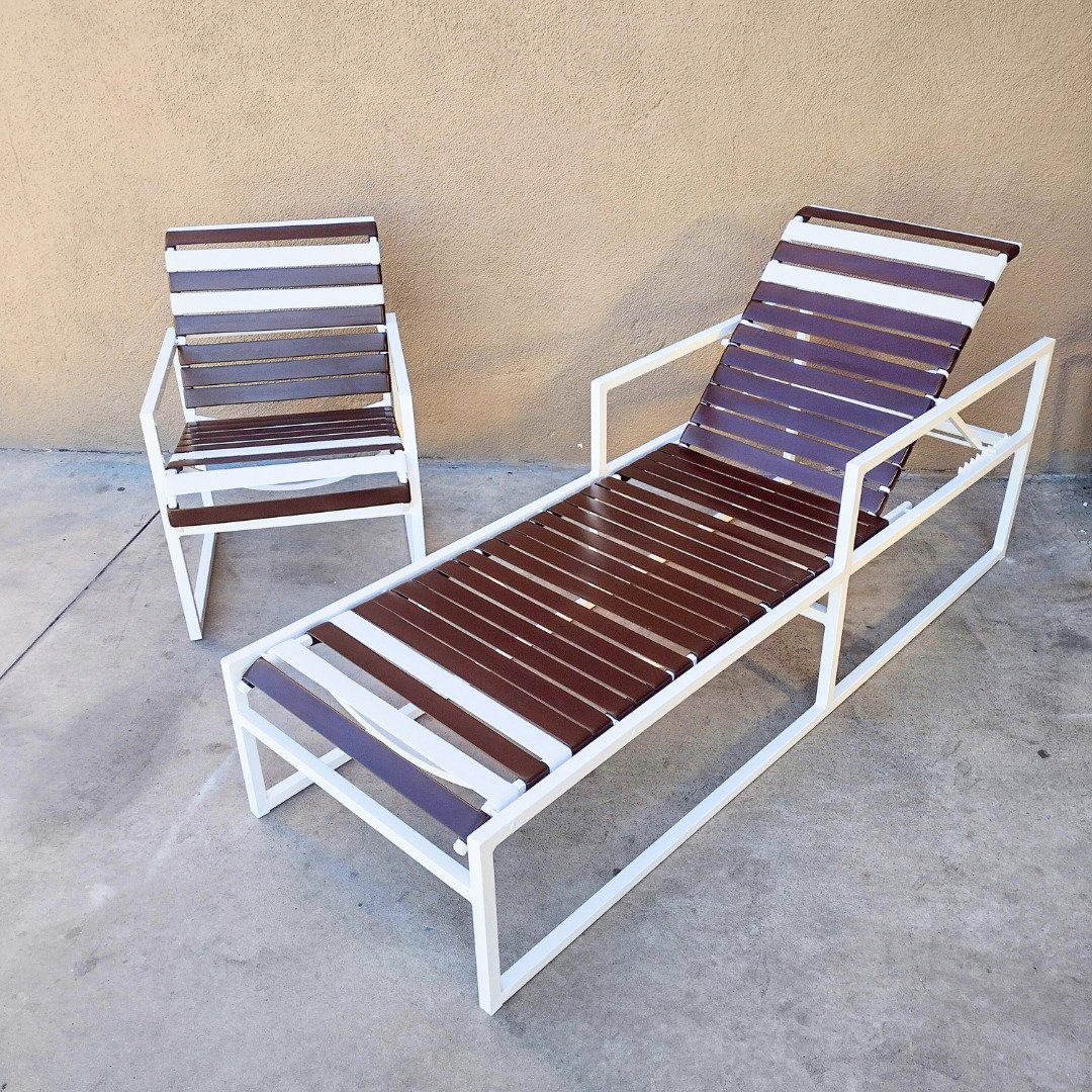 Newly repainted white patio chair and chaise restrapped with shiny new brown katana strap with 4 white accent straps each - patio guys