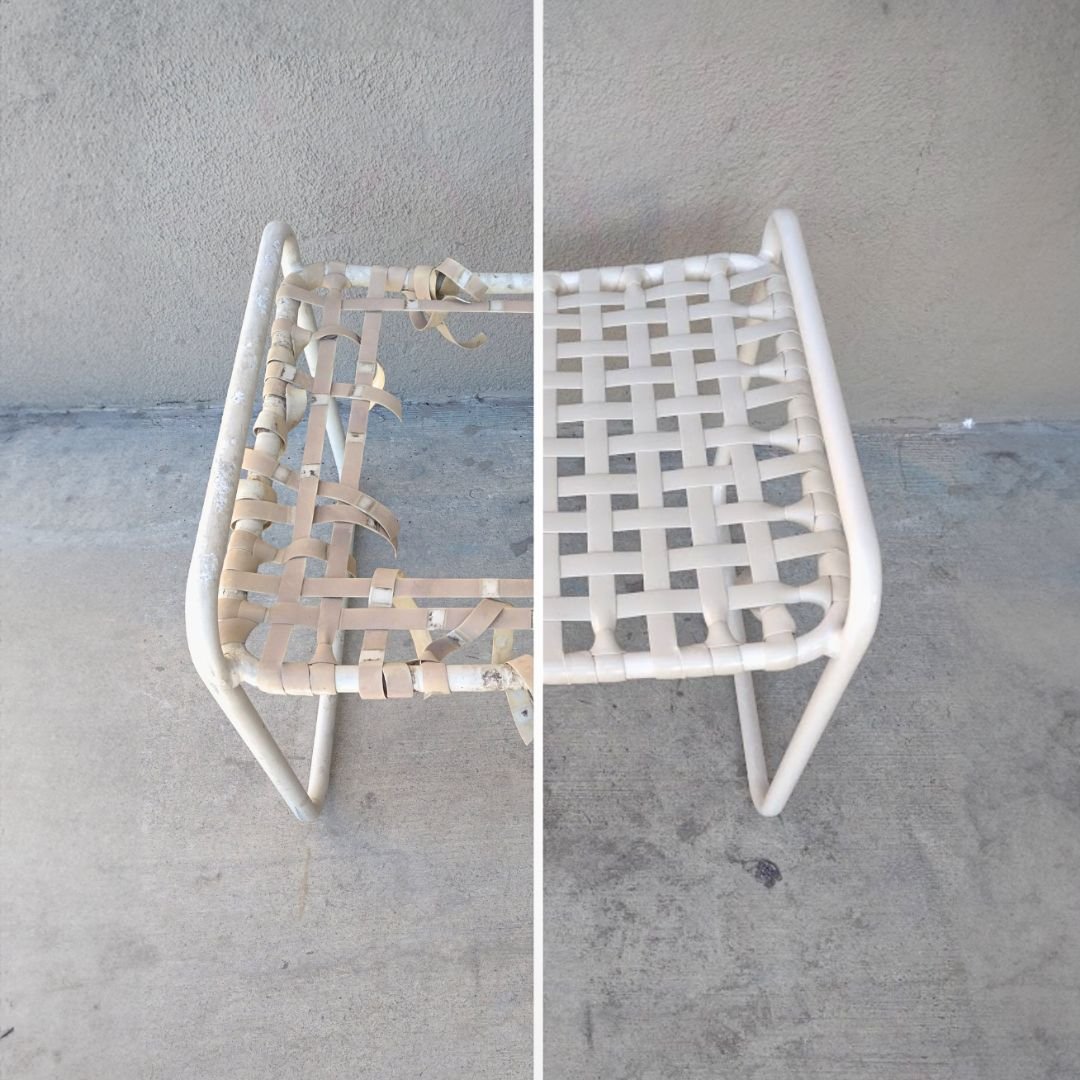 Split view before and after photo of vinyl strap ottoman with a hole in the middle being restored to crisp white lido strapping by patio guys