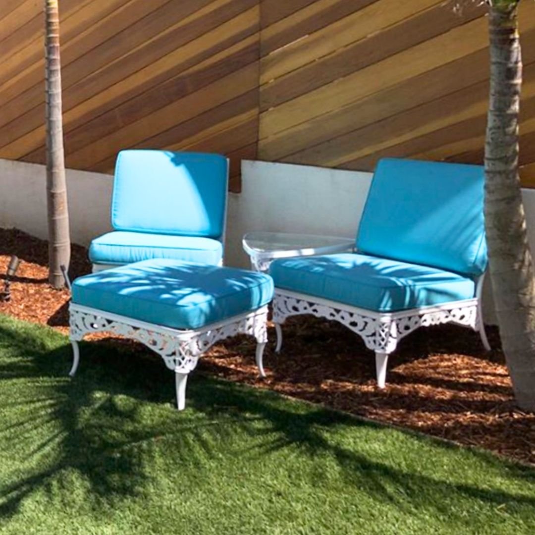 Custom Sunbrella Outdoor Baby Blue Cushion on Vintage white metal backyard patio chairs and ottoman