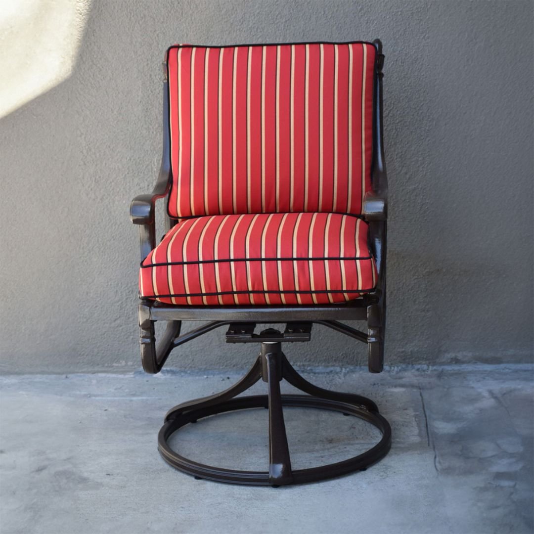 New red with yellow striped custom outdoor cushion made with sunbrella fabric on swivel patio chair - Patio Guys