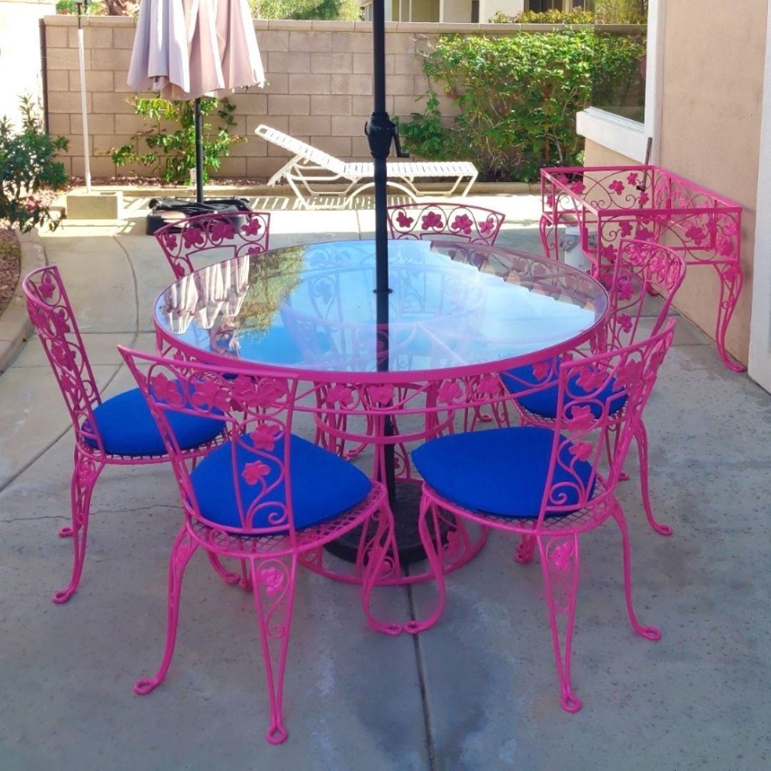 Newly Powder coated vintage metal outdoor furniture set with blue custom cushions and pink paint color - Patio Guys