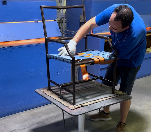 Patio Guys re-strapping a patio chair with vinyl strap