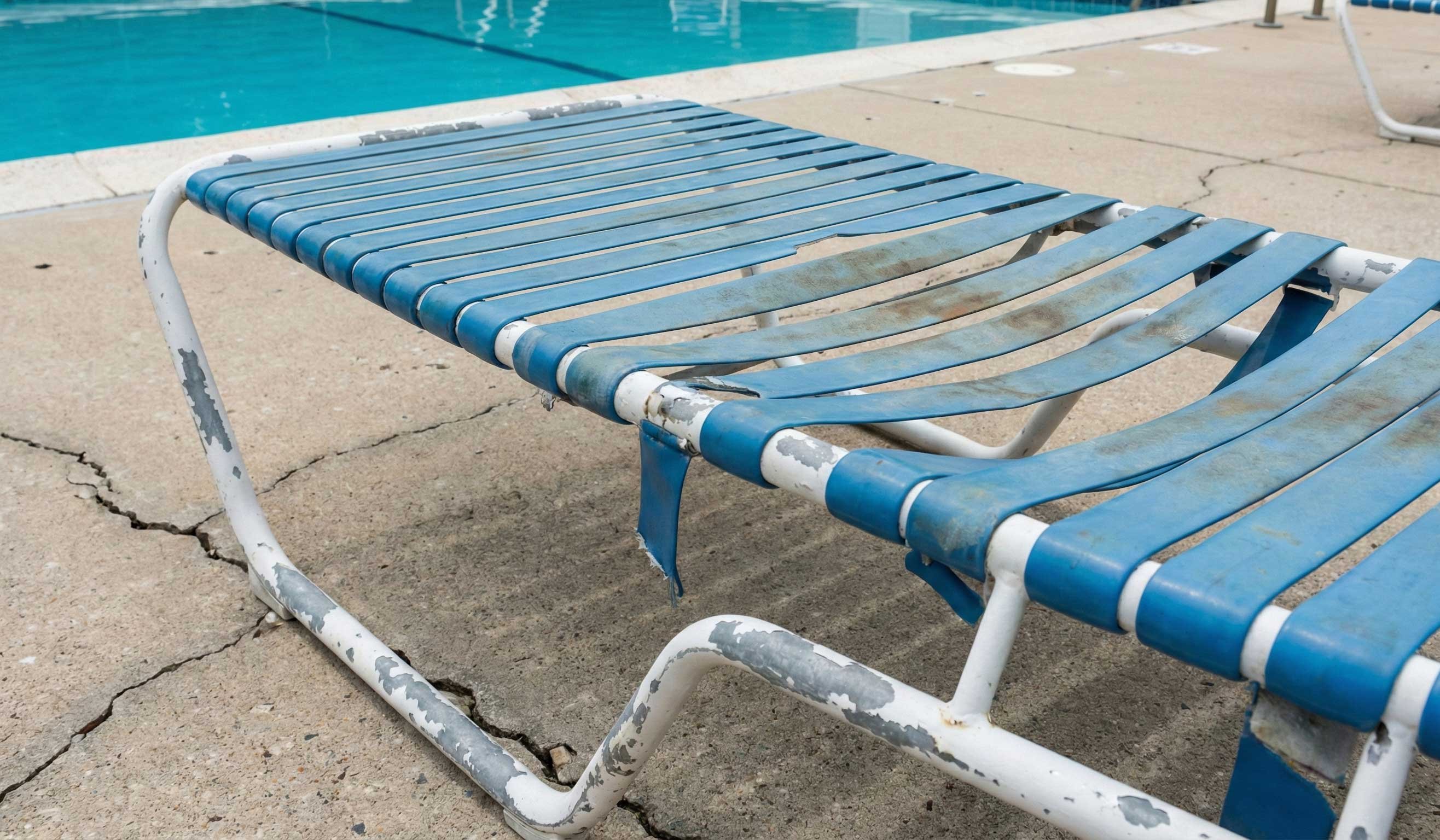 Broken vinyl strap furniture at a community pool - Patio Guys
