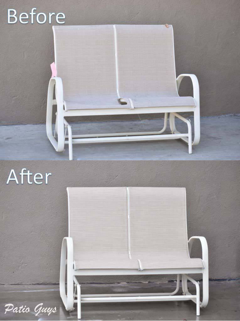 beige sling loveseat glider before and after